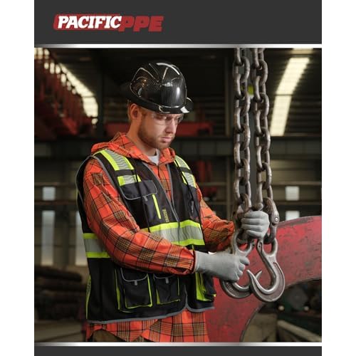 PACIFIC 10 Pockets Class 1 Safety Vest for Men, 3M High Visibility Reflective Strips, Meets ANSI/ISEA Standard, Black, X-Large