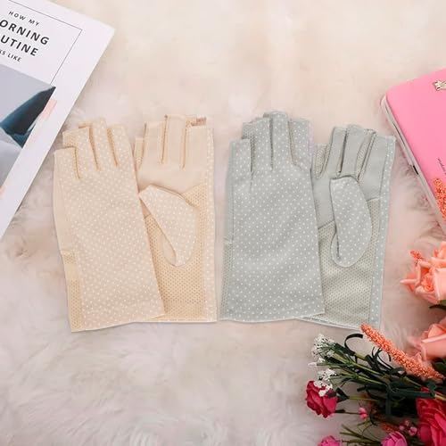 UV Sun Protection Fingerless Gloves for Women - Blue & Beige, Medium