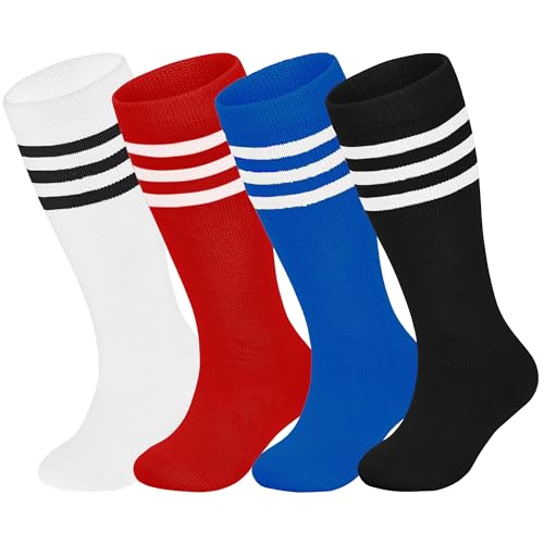 LPMOERA Toddler Soccer Socks 4 Pairs, Knee High Athletic Socks for Boys & Girls, 1-4T, Black/White/Blue/Red