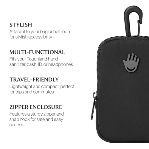 Touchland Black Zippered Hand Sanitizer Pouch with Snap Hook - Attachable Bag Accessory for 1 FL OZ Touchland