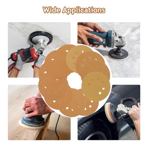 5 Inch 8 Hole Sanding Discs Hook and Loop, 50 PCS 220 Grit Sand Paper Disc for Random Orbital Sander, Gold Sandpaper Pads for Automotive and Woodworking