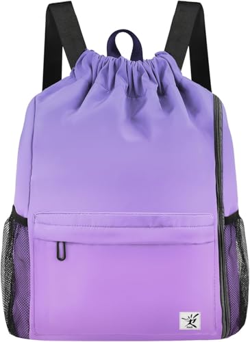 Time2Go Waterproof Drawstring Gym Backpack with Mesh Pockets - Gradient Purple