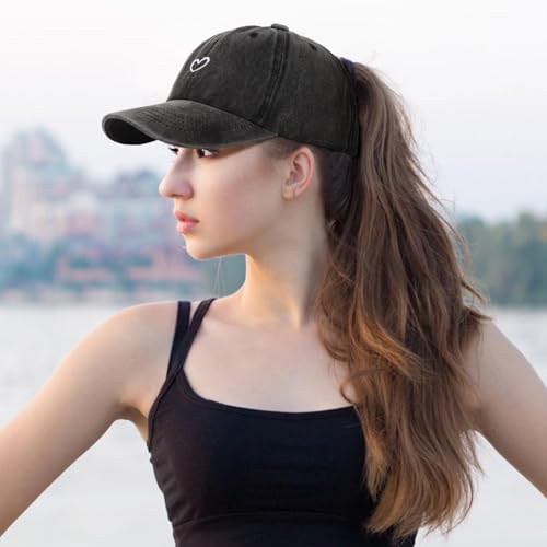 HeyCaps Women's Distressed Ponytail Baseball Cap - Black Heart Variation