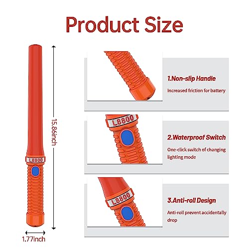 16 inch LED Traffic Control Batons, Signal Traffic Wand with 2pc C Dry-Cell Batteries(Not Include), Safety Air Marshaling Wand for Parking, Airport and Road Traffic Contol, Orange 2PCS