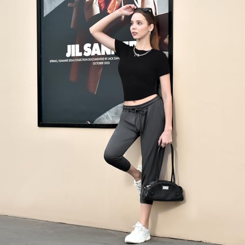 Walifrey Women's Cropped Capri Pants with Pockets - Large Black Joggers