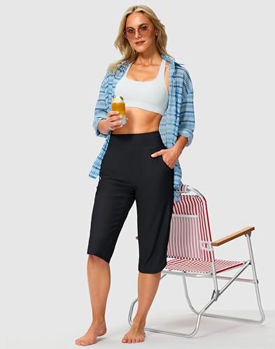 G Gradual 18'' Women's Swim Capri Pants with Pockets - Black, Large