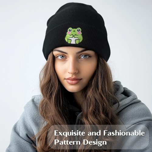 Cute Frog Embroidered Knit Beanie - Black Winter Warm Stretch Hat
