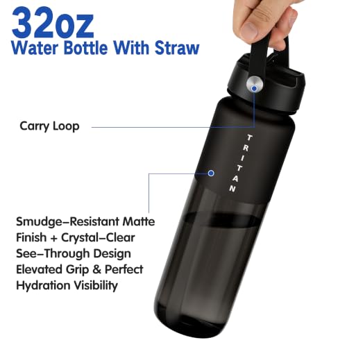 OLDLEY 32oz Frosted Clear Water Bottle with Straw & Black Cap - BPA Free, Wide Mouth Leakproof, Gift for Him & Her