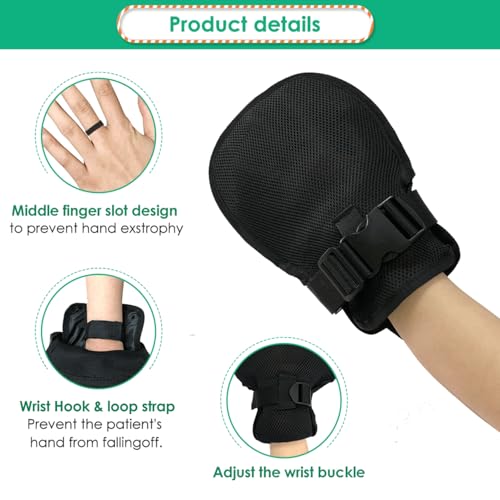 Bed Restraints Dementia Gloves Safety Hand Control Mitts Medical Bondage Locking Mittens Patients Caregivers Elderly Protectors Product, Prevent Scratching Harm, 1 Pair Dual Purpose, Black