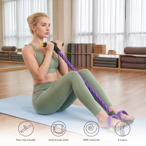 Resistance Band with Handles - 6-Tube Elastic Tension Rope - Purple