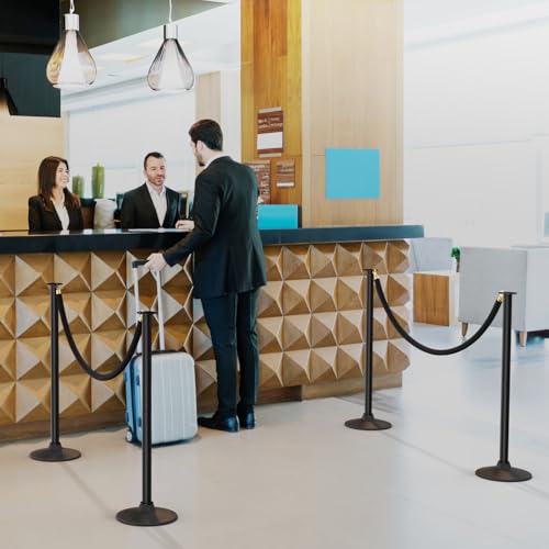 BATTIFE Plastic Stanchion Posts with Black Velvet Ropes and Weighted Rubber-Plastic Base, Crowd Control and Queue Management Barrier Poles for Party, Event, Red Carpet (2 Pack)