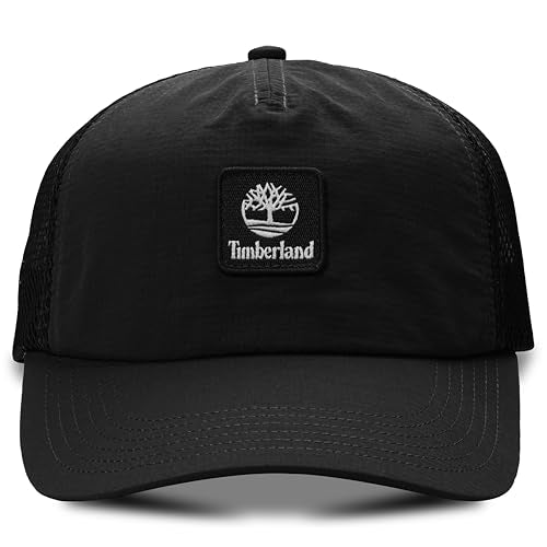 Timberland Trucker Hat for Men, Soft Structured Nylon Baseball Cap, Adjustable Mesh Back, Curved Brim, Breathable & Lightweight – One Size, Black