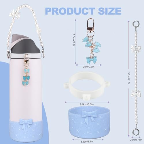 Wututir 32oz Blue Water Bottle Accessories Set with Bow Handle Strap & Silicone Bling Boot for Owala
