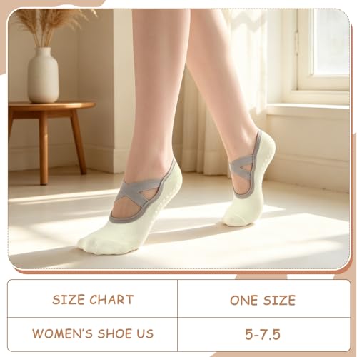 Pilates Grip Socks for Women - 4 Pairs with Cross Straps