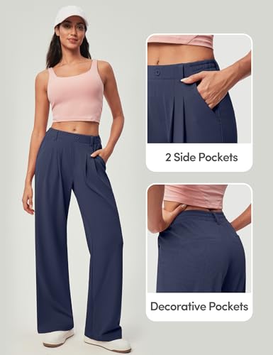 Dark Blue Wide Leg Dress Pants for Women Pull-On Business Casual Workwear Large