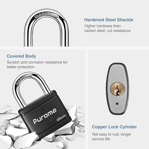 Puroma 2 Pack Keyed Padlock with 3 Keys Alike, 1.1 Inch Locker Lock 40mm Heavy-Duty Locks for Gate Fence Hasp Cabinet Toolbox School Gym Locker (Black)