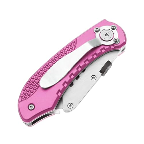 Utility Knife Folding Safety Lock & Quick Change with 10 Extra SK5 Replacement Blade Lightweight Aluminum Handle & Pocket Clip Multi-Use Box Cutter Office Home Art Diy Great Gift Choice (Pink)