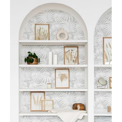 MelunMer Grey Leaf Peel and Stick Wallpaper Boho Gray Contact Paper Self Adhesive Wallpapers Removable Wallpaper for Bedroom/Bathroom Waterproof Modern Contact Paper for Cabinet Palm 78.7In L 17.3In W