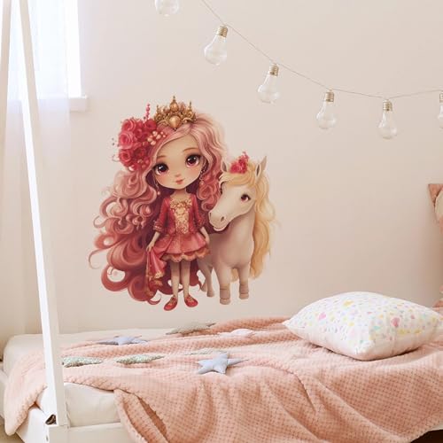 Lovely Rose Girl and Cute Filly Wall Stickers, sacinora Red Princess and Unicorn Wall Decals Removable Vinyl Peel and Stick for Kids Baby Nursery Bedroom Playroom Art Decorations