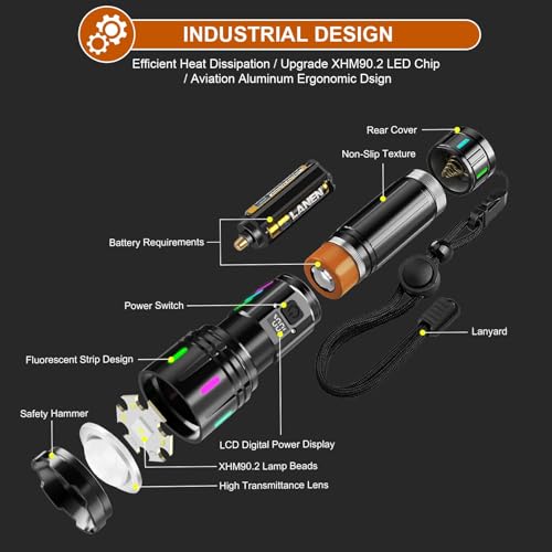 Flashlights LED High Lumens Rechargeable, 2000 Lumens XHM90.2 Super Bright Flashlight, Flash Light Battery Powered, Powerful Handheld Flashlight with Holster for Home Emergency Hiking Gift