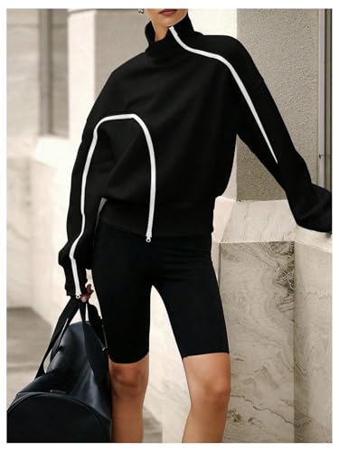 Verdusa Women's Black Medium Asymmetrical Zip Up Sweatshirt High Neck Pullover