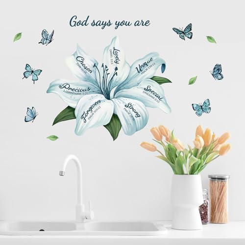 Yovkky Lily Flower Religious Inspirational Quote Wall Decals Stickers, Motivational God Says You are Teal Floral Butterfly Home Bedroom Decor, Positive Living Room Kitchen Decorations Art