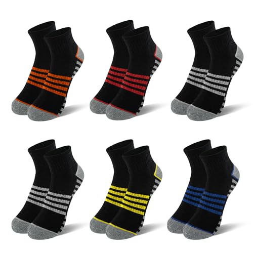 Boys Athletic Quarter Socks - Cushioned Ankle Sports Socks - 6 Pairs, Sizes 7-10 Years, Black