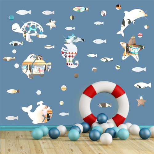 Ocean Acrylic Mirror Wall Stickers 3D Mirrors Stickers Ocean Animal Wall Decor Sea Fish Whale Dolphin Marine Wall Decals Under The Sea Wall Stickers for Baby Room Kids Room Bathroom Nursery Decor