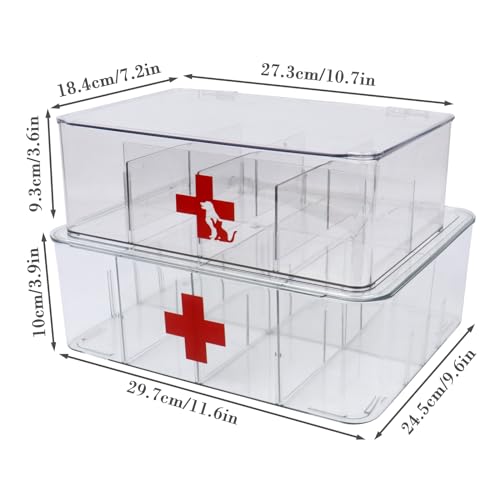 First Aid Box and Pet Frist Aid Storage Bin, Acrylic Medicine Kit Case Organizer Empty, Divided First Aid Storage Box Kit with Hinge Lid, Emergency Kit Storage Box for Family and Pet (Clear)