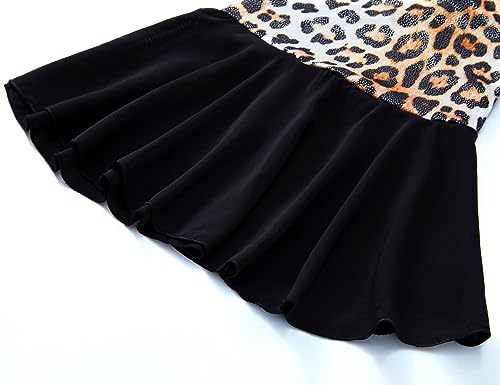 TENVDA Girl Leopard Ballet Leotard with Skirt - Sparkly Sleeveless Dance Outfit, 8-9 Years