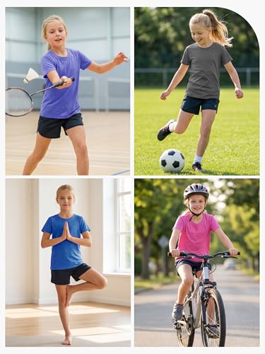 Poroka Girls' Athletic Short Sleeve T-Shirts 6-Pack, Dry Fit Tops for Ages 7-14
