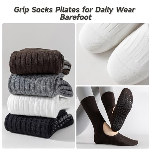 Grip Socks for Pilates & Yoga - 4 Pairs Black, White, Grey, Brown