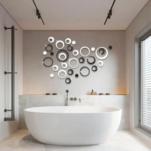 48Pcs Mirror Stickers, Acrylic Circle Wall Stickers Removable DIY Self-Adhesive Hollow Art Mural Wall Decals for Home Office Living Room Bedroom Bathroom Kitchen Decor(Silver, Black)