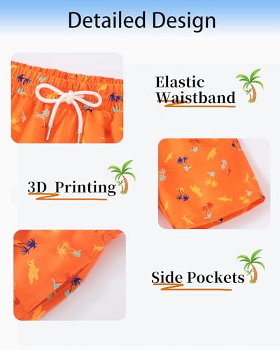 LuLurKiddo Boys Swim Trunks with Compression Liner & Quick Dry Fabric - Palm Trees Orange, 6-7 Years