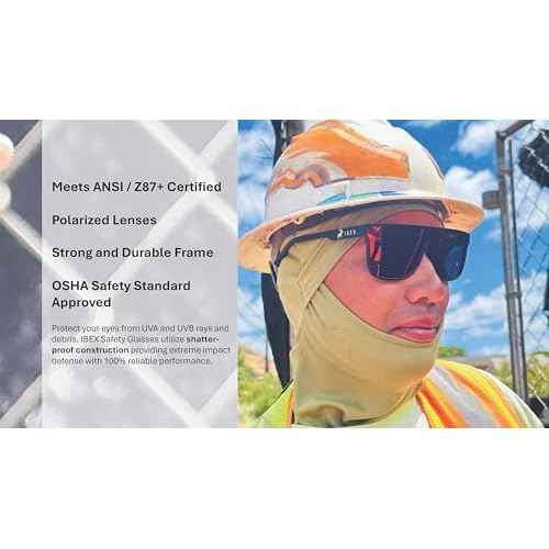 IBEX The STEEZE Safety Sunglasses, Polarized, ANSI Z87+ Certified, Ultra UV 400 Protection, Mirror Lenses and Flexible Black Frame, Men, Women, Outdoor/Sports, Surf, Construction, Work, PPE