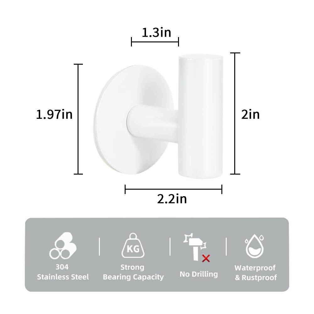 Vuzvuv Adhesive Hooks White SUS304 Stainless Steel - Self Adhesive Heavy Duty Waterproof Wall Hooks for Towel, Coat, Robe in Bathrooms Kitchen Hotel (2-Pack)