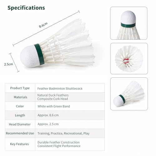 BRIMOSU Goose Feather Badminton Shuttlecocks 12 Pack, Composite Cork – 76 Speed, Indoor/Outdoor Training