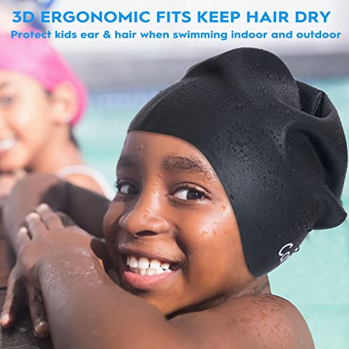 Careula 2 Pack Kids Large Silicone Swim Cap for Long Hair – Black & Rose Red