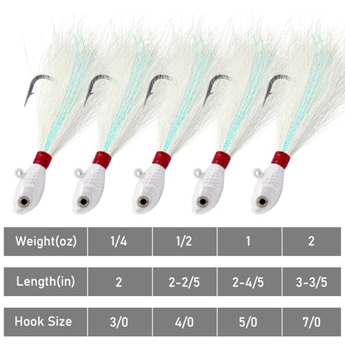 Alwonder 5-Pack White 1/4oz Bucktail Jigs Saltwater & Freshwater Fishing Lures