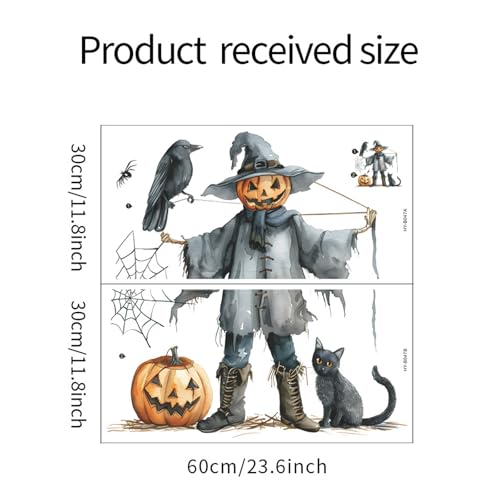 2 Sheets Halloween Wall Stickers Pumpkin Scarecrow Crow Black Cat Spider Wall Decals,Peel and Stick Vinyl Wall Decor for Halloween Party Decoration Festive Atmosphere(23.6"x11.8"Each)