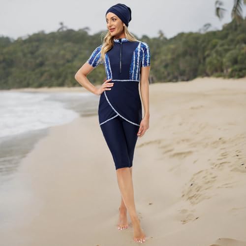FYMNSI Medium Blue Muslim Burkini 3-Piece Swimwear Rash Guard Top Pants Hijab