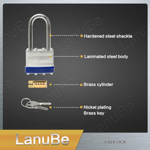 LanuBe Lock Laminated Steel Keyed Padlock,Keyed Alike Locks, Long Shackle Padlock,Pack of 12