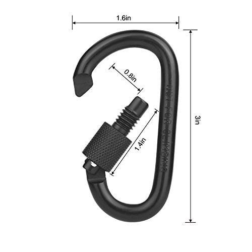 Locking Carabiner Clip - 3 Inch D Ring Aluminum Hook, Black 4pcs