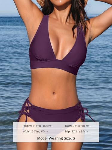 CUPSHE Women's Bikini Set Deep V Neck Two-Piece Swimsuit - Mid Rise, Grape Purple, Medium