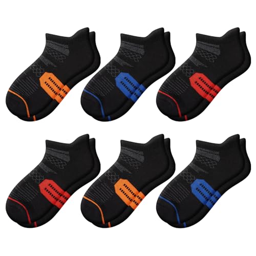 Comfoex Boys Athletic Ankle Socks 6 Pairs Cushioned Sports Socks for Kids 7-10 Years Old - Black