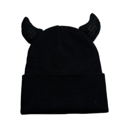 Devil Horn Beanie for Men Women Y2K Halloween Beanie Horns Emo Goth Accessories (Black,One Size)