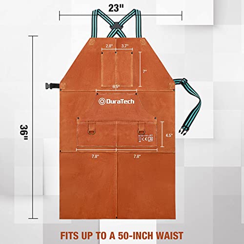 DURATECH Leather Welding Apron, Heat Flame Resistant, 23" x 36" Heavy Duty Work Apron with 6 Tool Pockets, 100% Cowhide Leather
