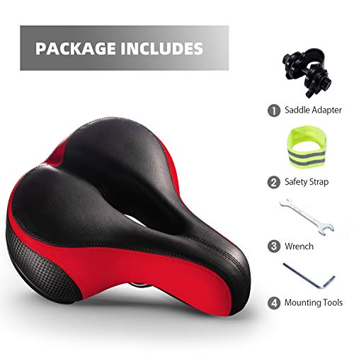 Roguoo Red Bicycle Saddle - Comfortable Dual Shock Absorbing Memory Foam Seat