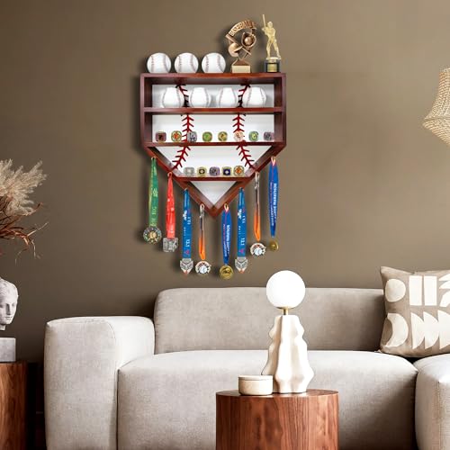 Walnut Baseball Display Case - Wall-Mounted Shelf for 10 Balls, 13 Rings & 8 Medals (Montex)
