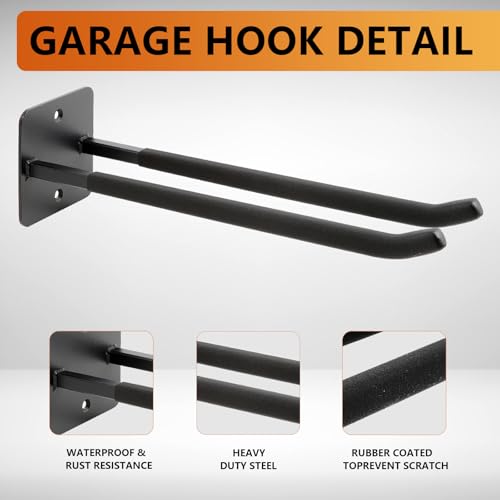 Sinoer Upgraded Garage Hooks,Shed Organizer, Utility Steel Garage Storage Hooks, 14 Inch Square Tube Garage Wall Mount Double Hooks for Yard, Tools, Car Tire, Garden Tools, 2 Pieces